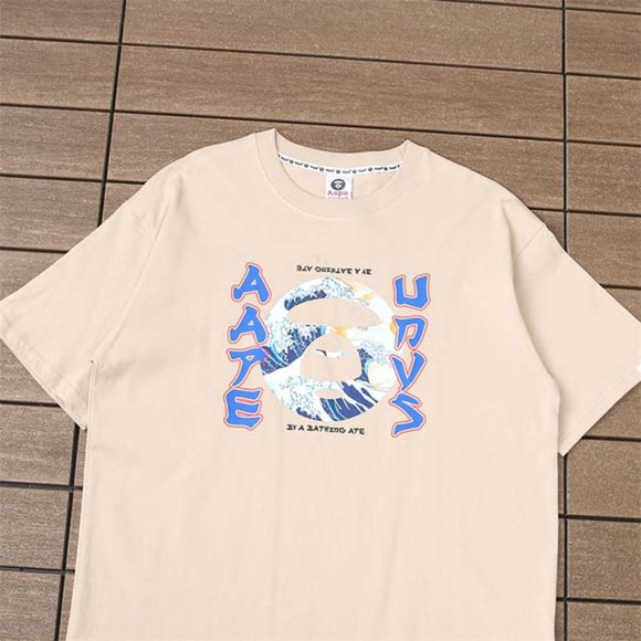 AAPE Monkey Head Wave Print Logo T-Shirt - Cream Short Sleeve - Picture 2 of 6